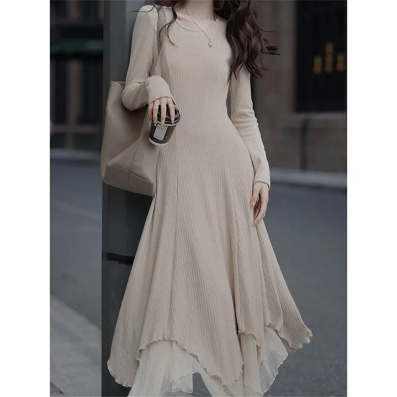 

Long Sleeve Party for Women Knitted O Neck Elegant Knitted Sweater Dresses Ladies Slim Waist A-line Knitted Dress E1668