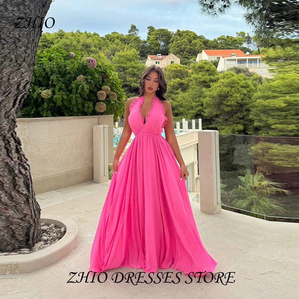 

ZHIO Halter Neck Deep V Evening Dress Hot Pink Ruffle Trim Chiffon Maxi Gown for Special Occasion Customized شارون سعيد فساتين س
