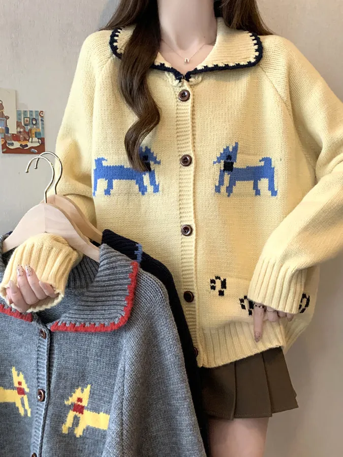 

plus Size Casual Knitted Dog Cartoon Sweater Coat Loose Slimming Autumn Winter New Style Korean Version Long Sleeve Top