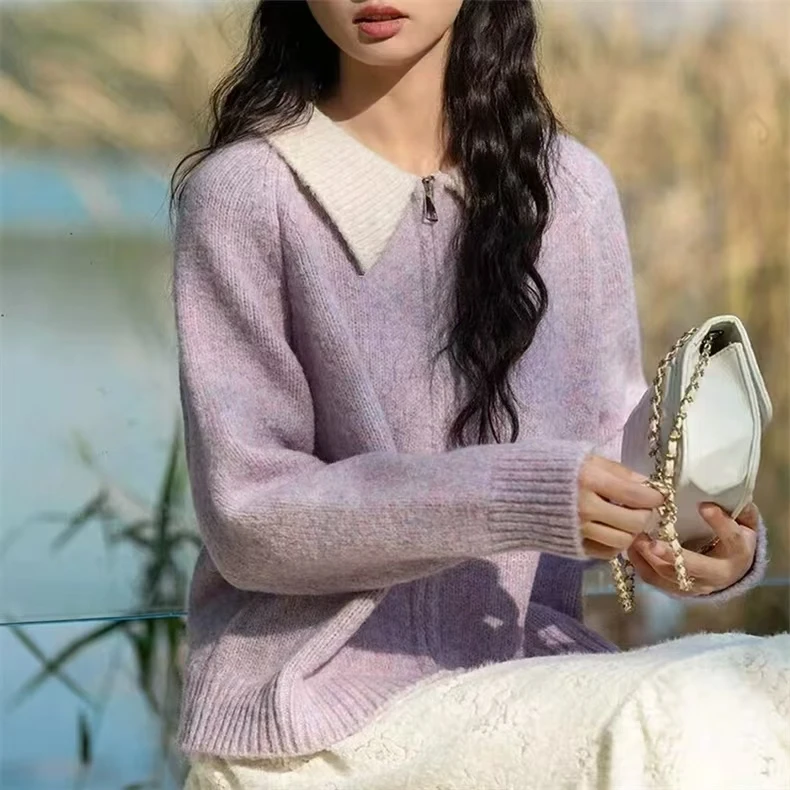 Lazy wind loose double zipper lapel cashmere knit cardigan sweater women's color matching small fragrance coat Joker top