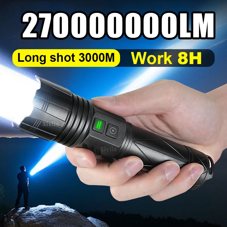 

270000000LM Portable LED Flashlight Type-C Rechargeable Torch Light Long Shot 3000M High Power LED Flashlight Tactical Lantern