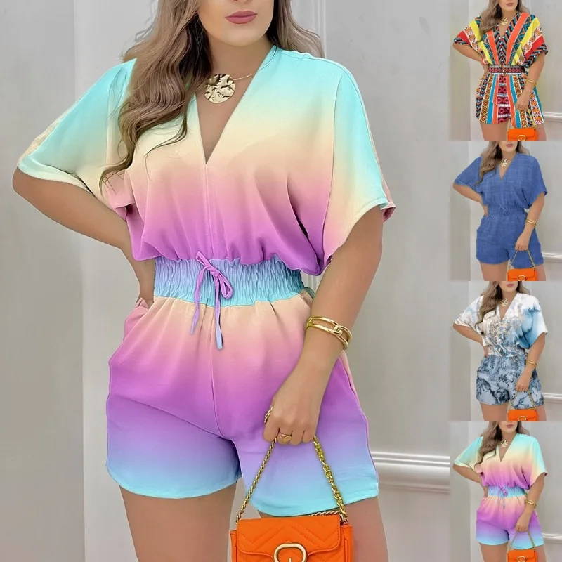 

Women's Jumpsuit Gradually Changing Color Short Sleeved V-neck Lace Up Printed Jumpsuit Shorts 2024