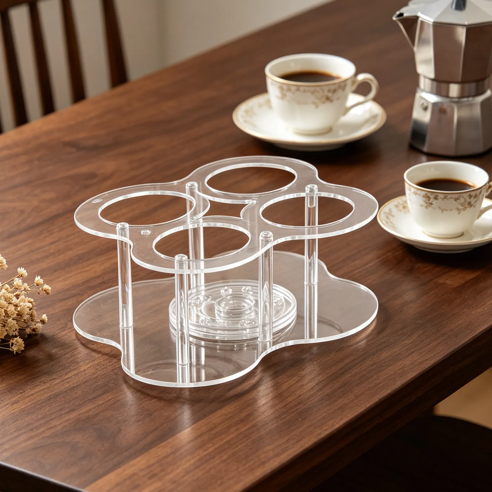 

Coffee Syrup Organizer Acrylic 360 Rotation Rack Fits 4 Bottles 16.9 Oz Transparent Syrup Bottle Holder Coffee Bar Accessories