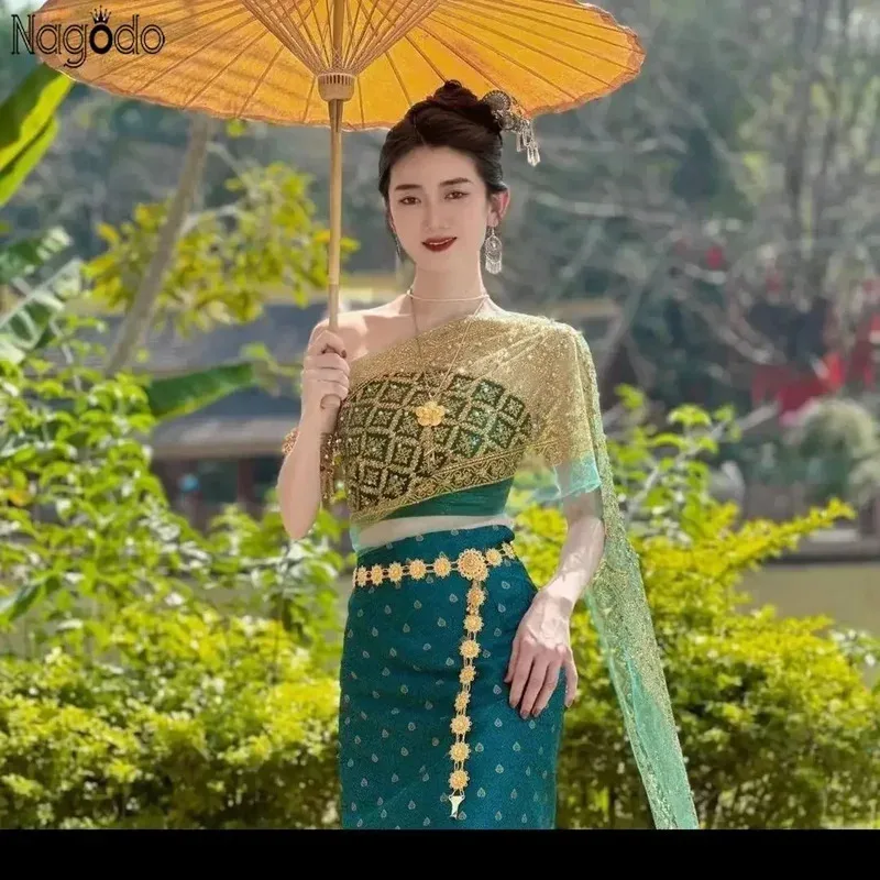 

Luxury Thai women's vintage dress Thailand traditional clothing 5 set Vietnamese dresses slim and sexy long dress costume n1118-