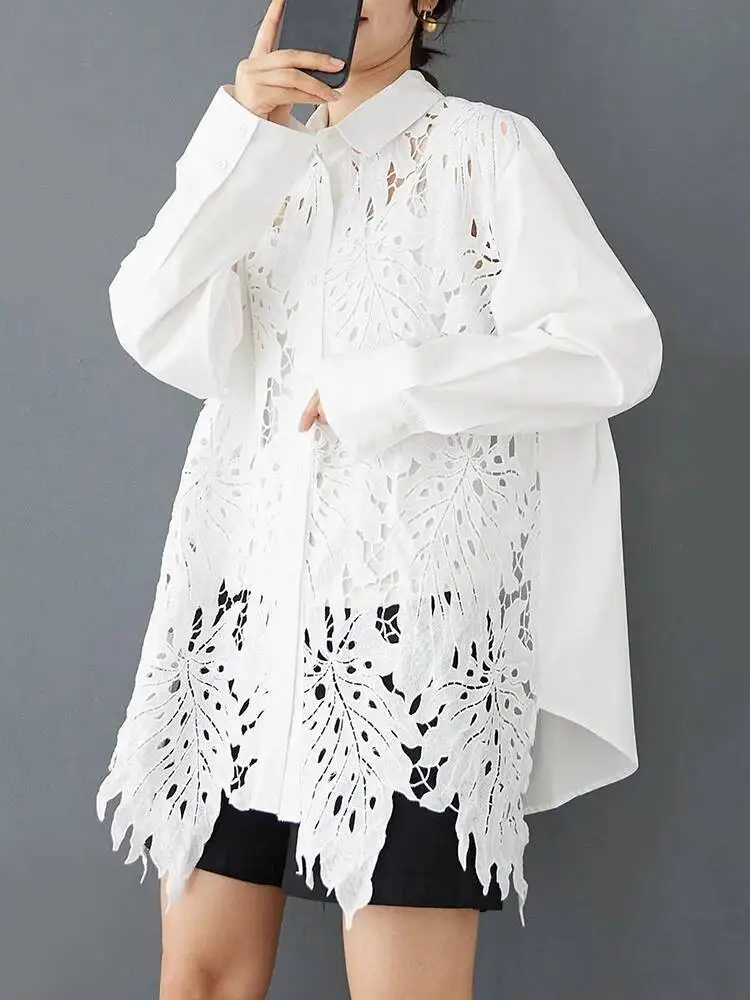 

Lace Women White Hollow Out Big Size Casual Blouse New Lapel Long Sleeve Shirt Fashion Spring Autumn 2026 YMEX