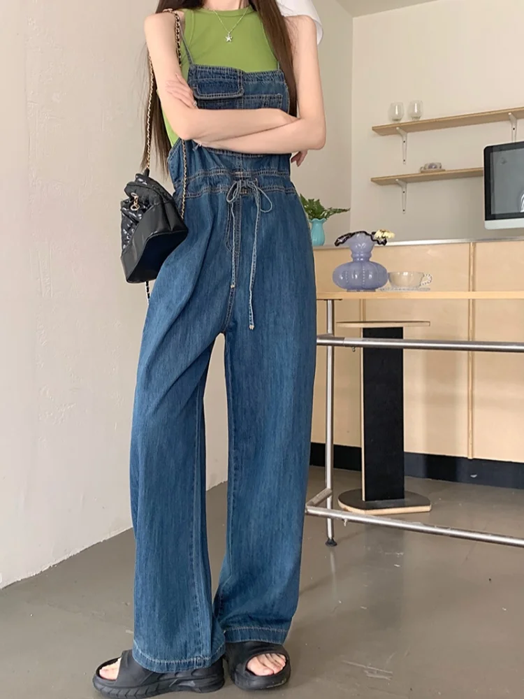 

2025 Womens Summer Student Style Loose Girls Straight Trousers Jumpsuit Korean Chic Casual Denim Overalls