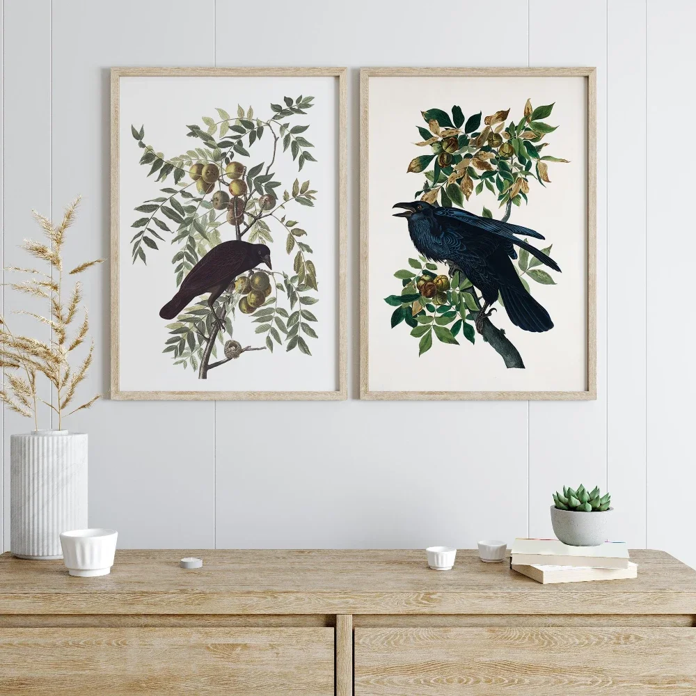2pcs frameless Canvas Painting Audubon Raven and Crow Print Set of 2 Raven Prints Vintage Crow Posters Bird Decor Bird Wall Art