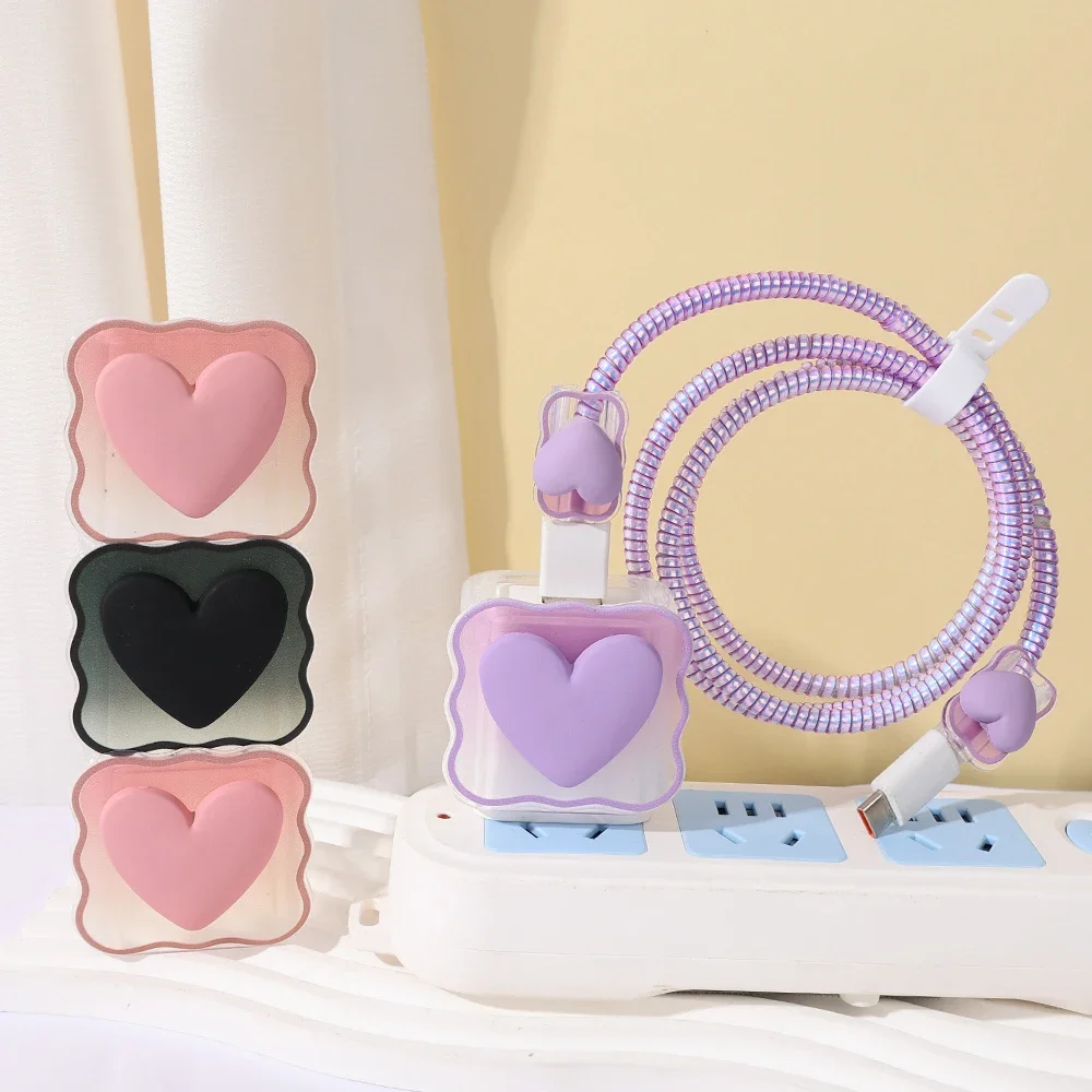 Kawaii 3D Heart Charger Protector Cable Organiser for iPhone Apple Charging 18W 20W Type C Data Cable Management Cord Winder Kit