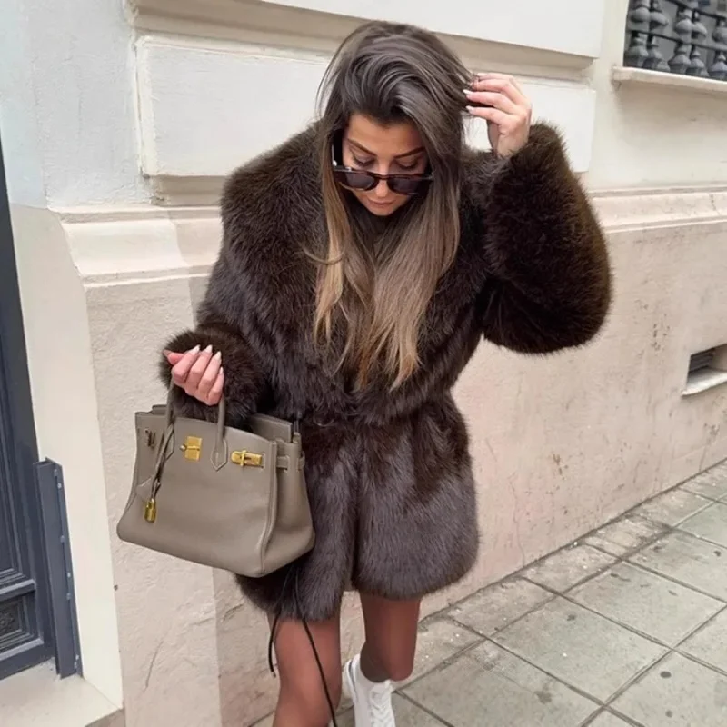 Women's Autumn Winter Commute Clothing Brown with Belt  Artificial Fur Warm Jacket Fashion Lapels Mid Length Styles Plush Coat