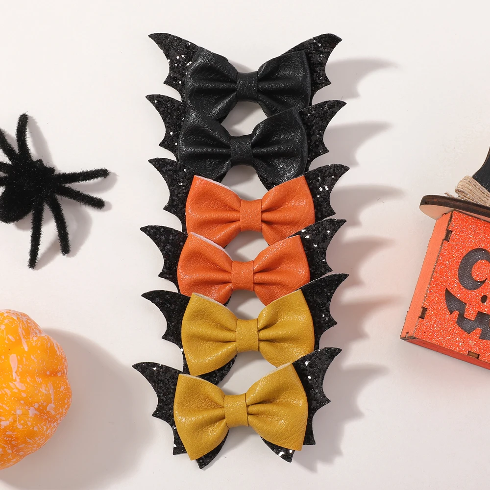 2pcs Halloween Bat Wing Bow Hair Clips for Girls Cosplay Party Theme Performance Headwear Bangs Clips