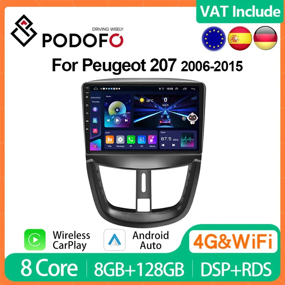 Podofo 4G CarPlay 8G+128G Android Car Radio For Peugeot 207 2006-2015 Multimedia Player 2din Head Unit GPS Navi HiFi RDS Stereo