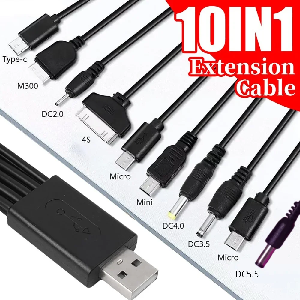 Cabo de Dados USB Universal 10 em 1 com 10 Portas, Cabo de Alimentação USB Multifuncional, Adaptador de Carregador para Celular, Fio de Carregamento de Dados