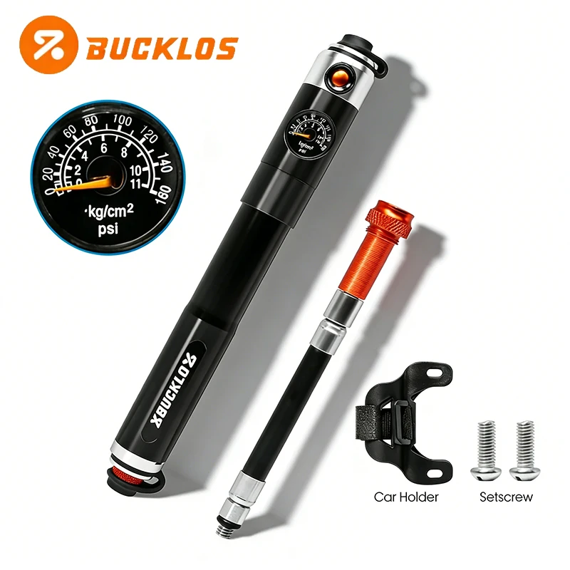 

BUCKLOS Mini Bike Pump with Gauge 160PSI Portable Hand Inflator Multi-functional Air Pump Road Cycling MTB Bicycle Accessories