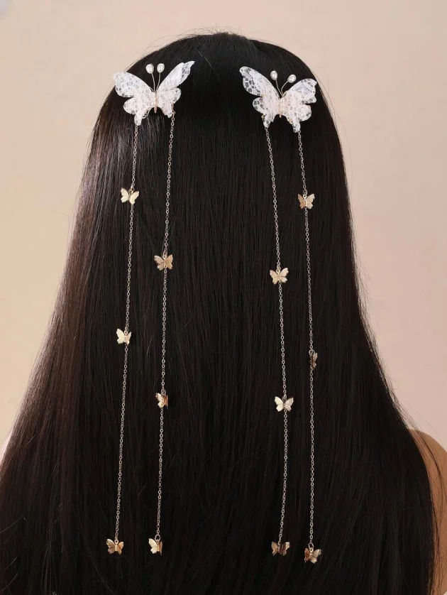 2 Butterfly Tassel Hair Clips And Accessories, Hair Styling, Hairstyle Enhanick, Headpiece, Hair Pin Turban Headwear Women, Rave Accessory, Scene Accessory, Hairstuff, Hair Claw, Pearl Hair Accessory, Halloween Hair Accessory For Women, Hair Jewelry, Hair - Detail 1