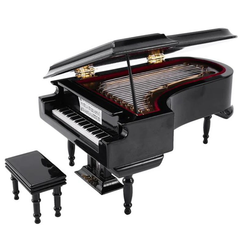 Miniature Grand Piano Model Kit Musical Instrument with Chair,for Home Office Decoration(Black, Without Music) Small