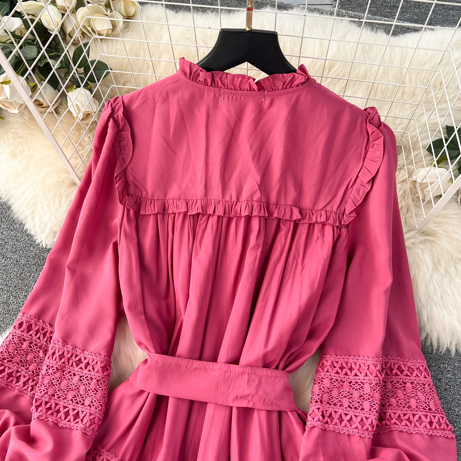 French Vintage lool Sleeve Lace cut out PATCHWORK Dress A-line Chic Casual Beach Vacation Women Summer puff sleeve Dresses