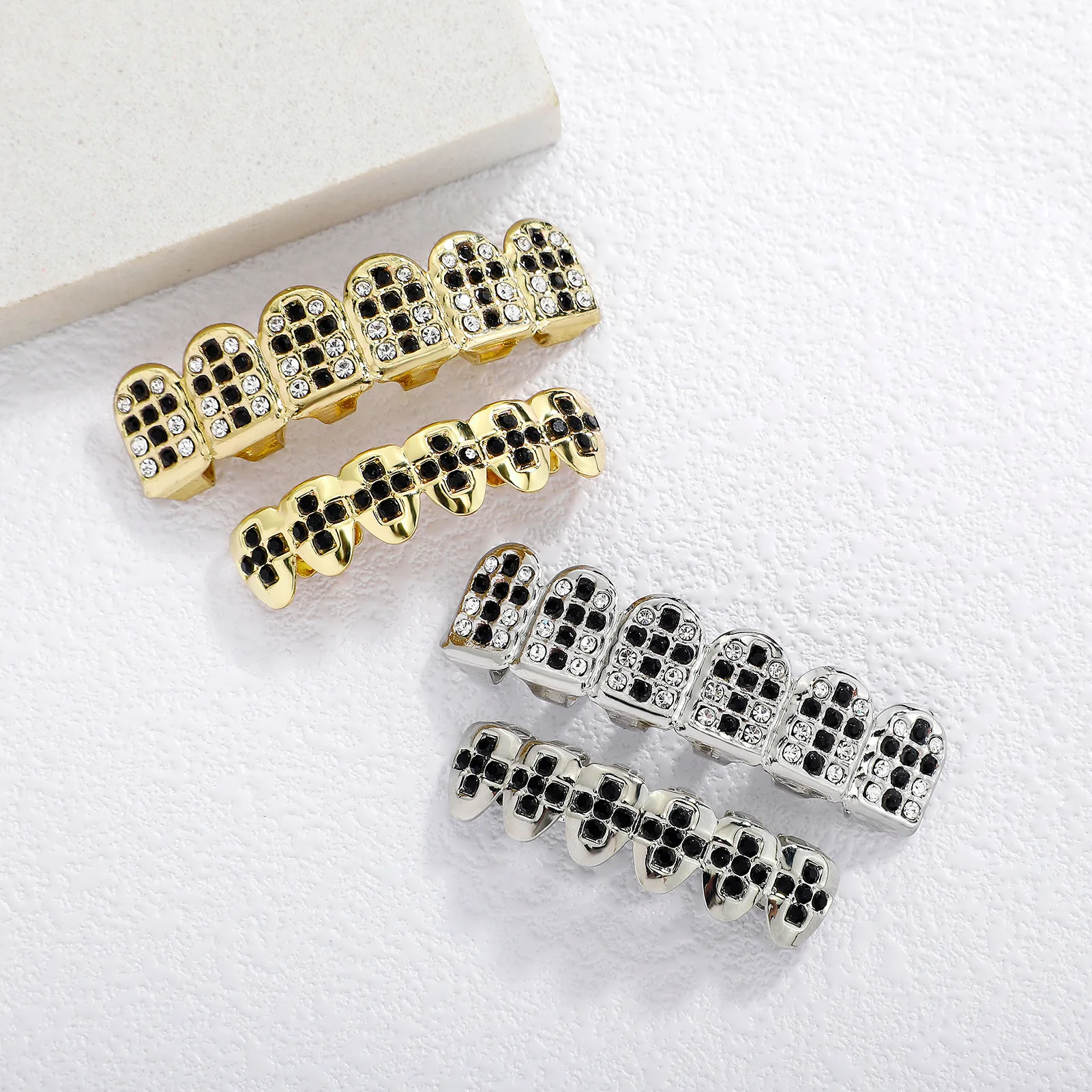 Black White Checkerboard Teeth Grillz Full CZ Zircon Hip Hop Theme Party Dress Up Costume Props Mouth Jewelry Wholesale