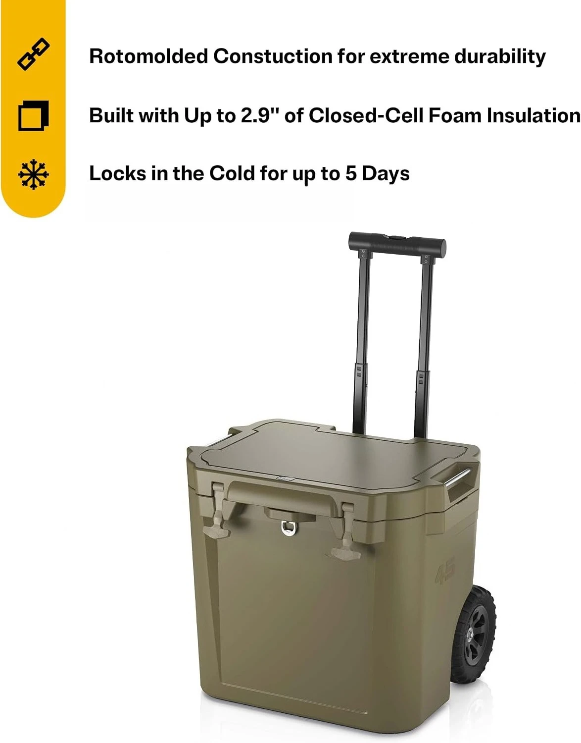 45 Quart Wheeled Ultra‑Tough Rotomolded Hard Ice Chest Cooler, Portable Insulated Beverage Cooler with Wheels for Camping, Fishing, Beach, Tailgating and Outdoor Adventures view 2