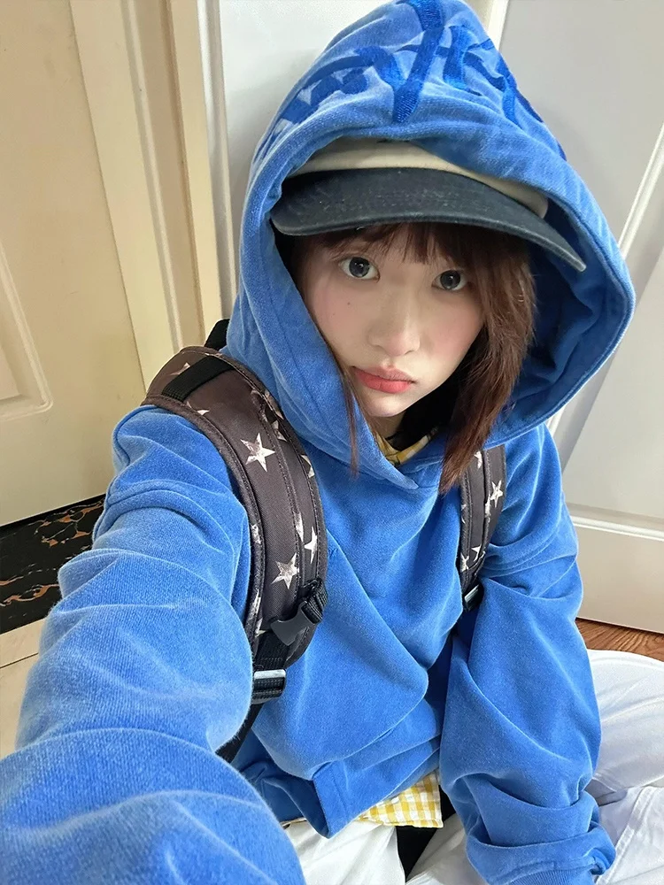 

American High Street Blue Letter Embroidery Hoodie Women's Autumn Winter Thiened Fce Loose Couple Outfit Jaet