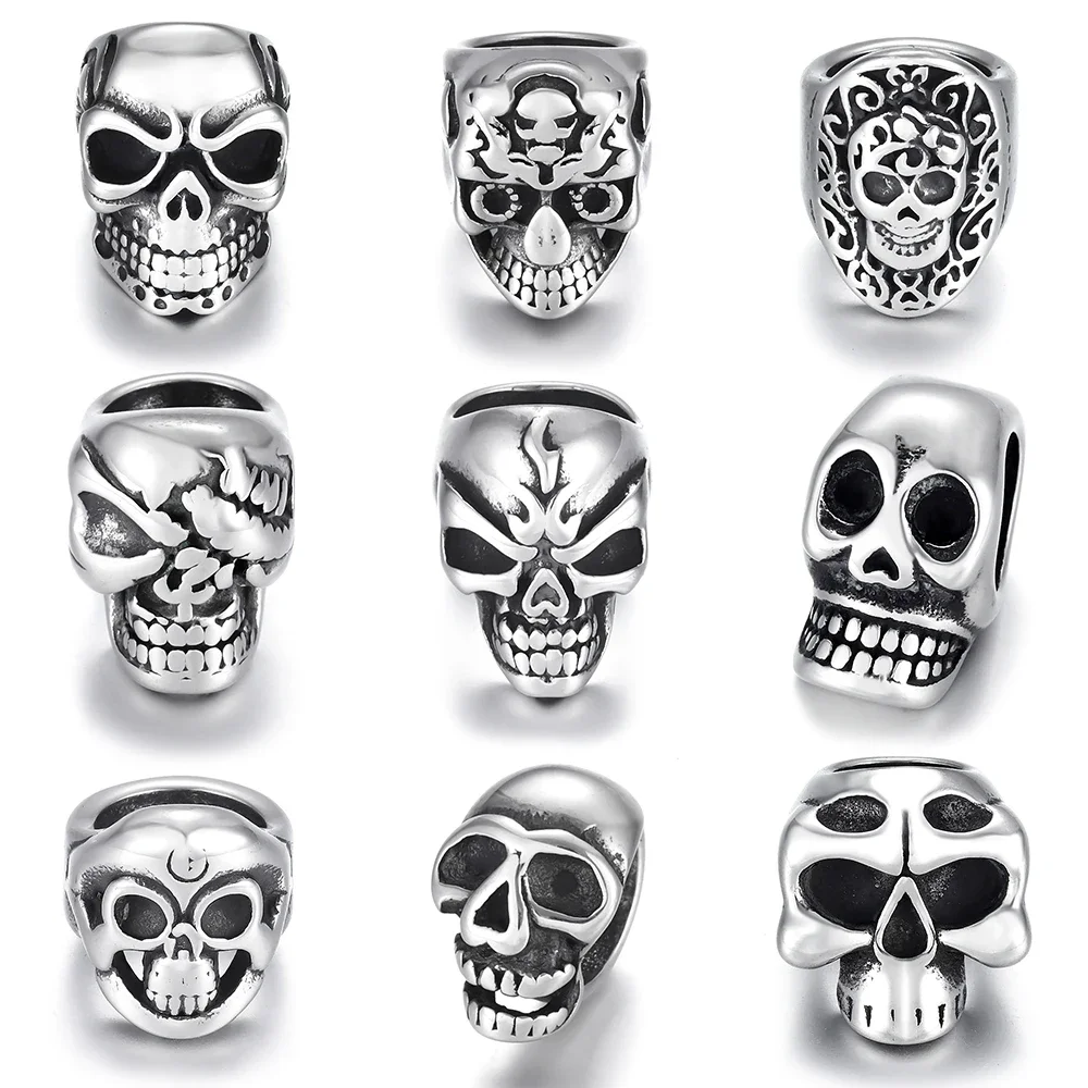 Stainless Steel Skull Beads Metal Spacer Large Hole 8mm Charm Slider DIY Men Bracelet Making Supplies Jewelry Findings