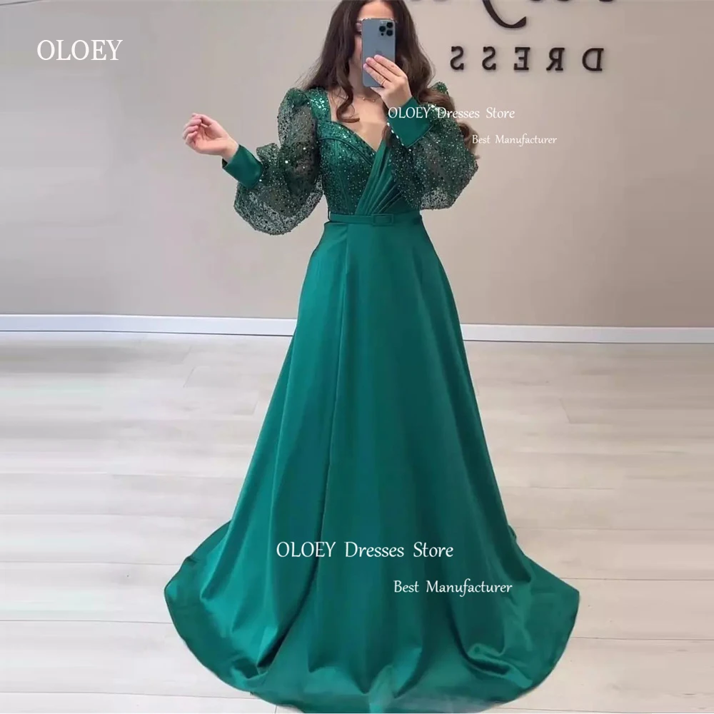 OLOEY Modest Dubai Arabic Women Glitter Evening Dresses Long Sleeves Blue Champagne Satin Prom Gowns Vintage Formal Party Dress