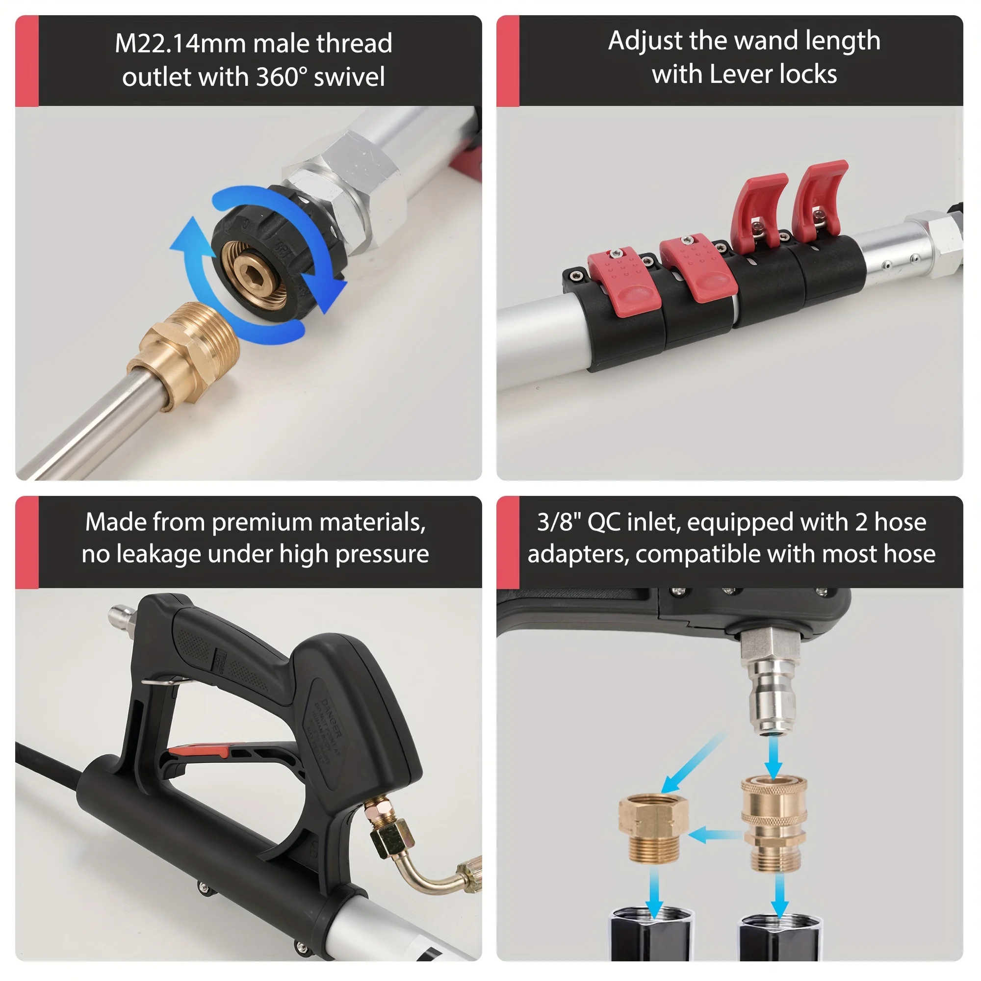 1 Stück Rengue 24 Fuß Teleskop-Hochdruckreiniger-Verlängerungsstange, 5-stufiger Hochreiniger mit 3 Düsen, 7 Sprühmuster