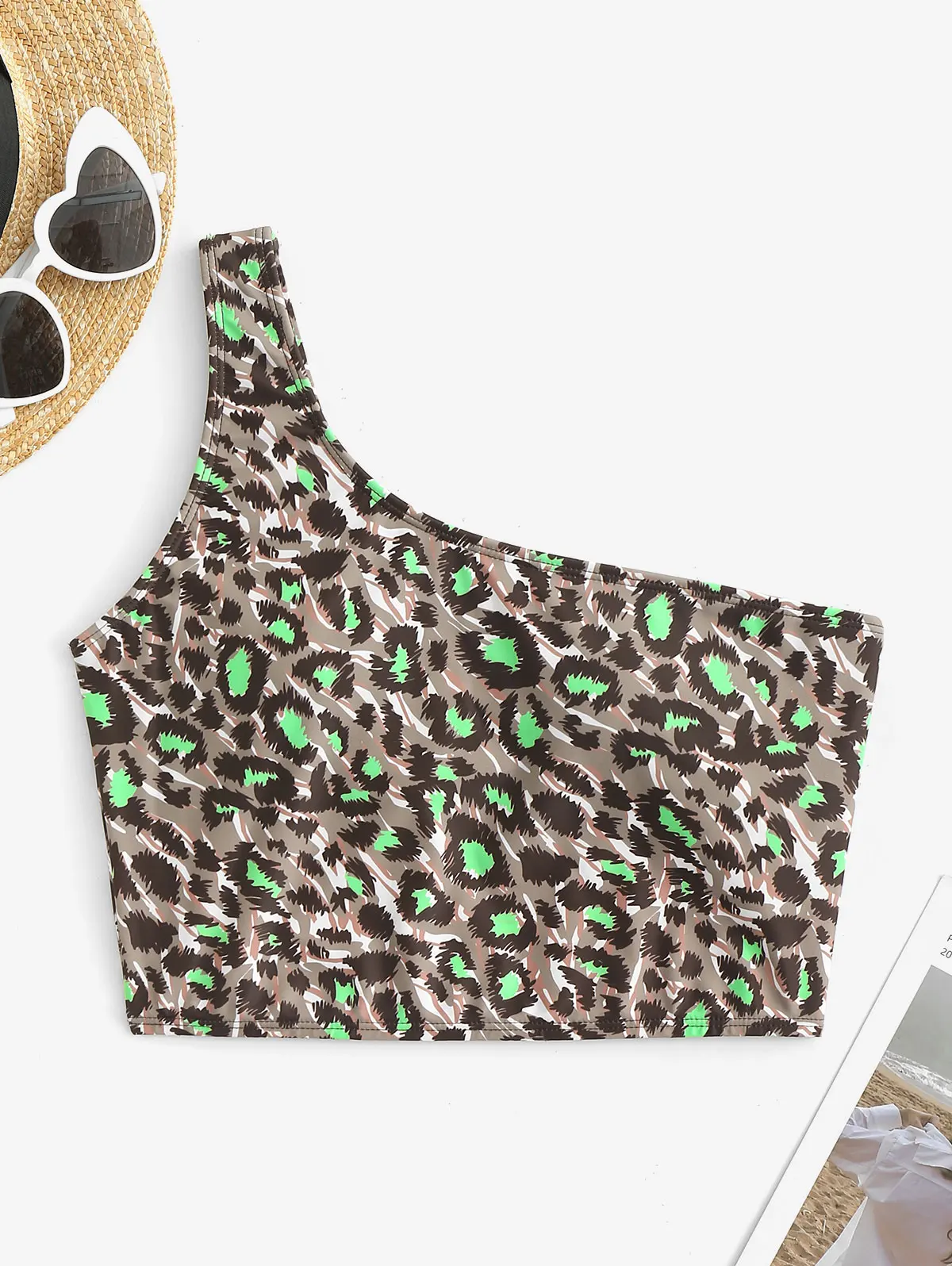 ZAFUL Leopard Animal Print One Shoulder Swim Top