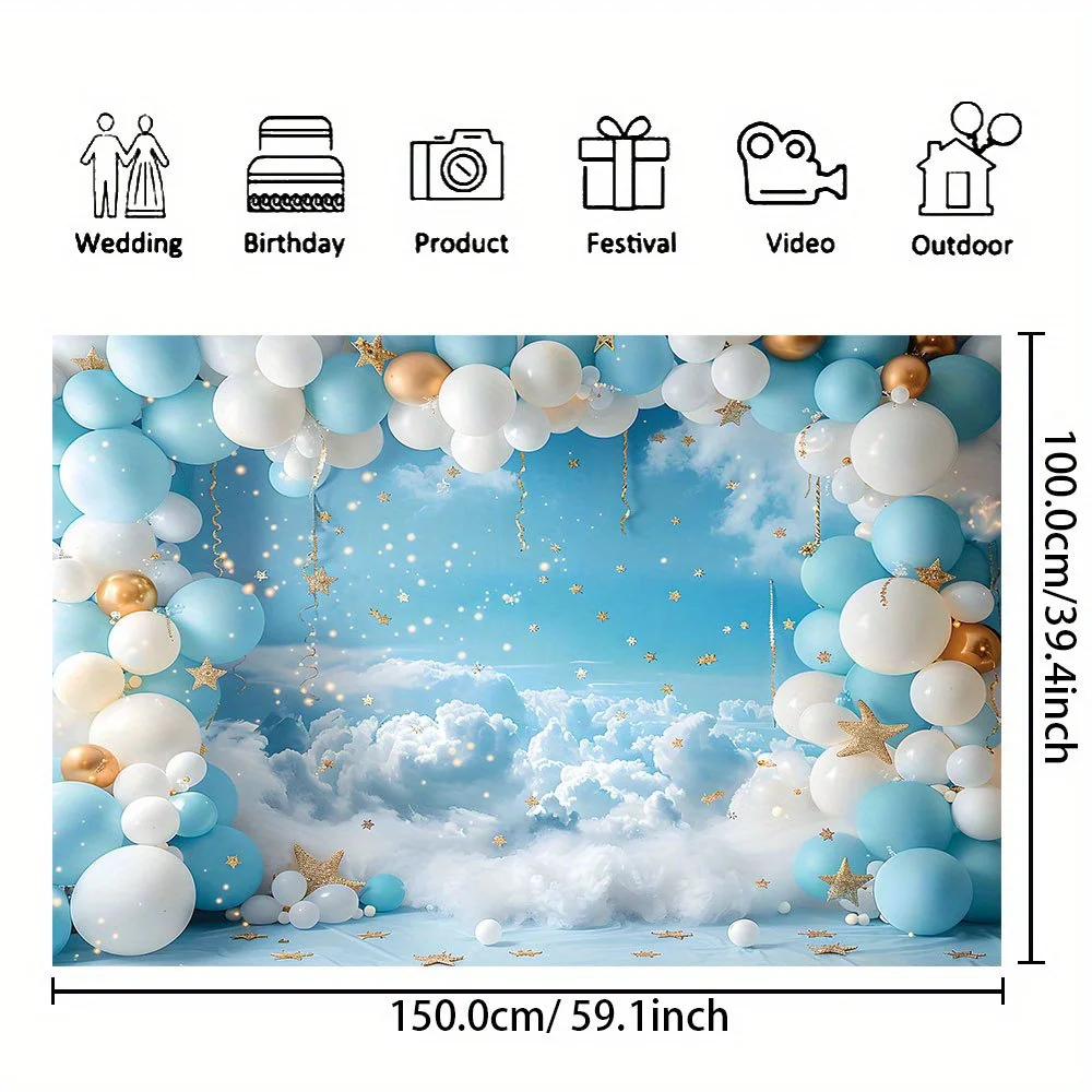 Balloon stars blue sky White clouds photography background, cake smash birthday party supplies, shower portrait studio props