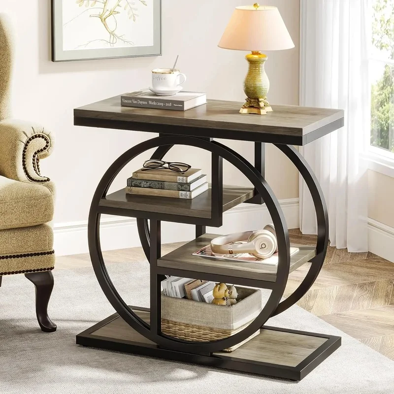 

4-Tier Narrow End Table with Storage Shelves, Industrial Side Table for Living Room or Bedroom