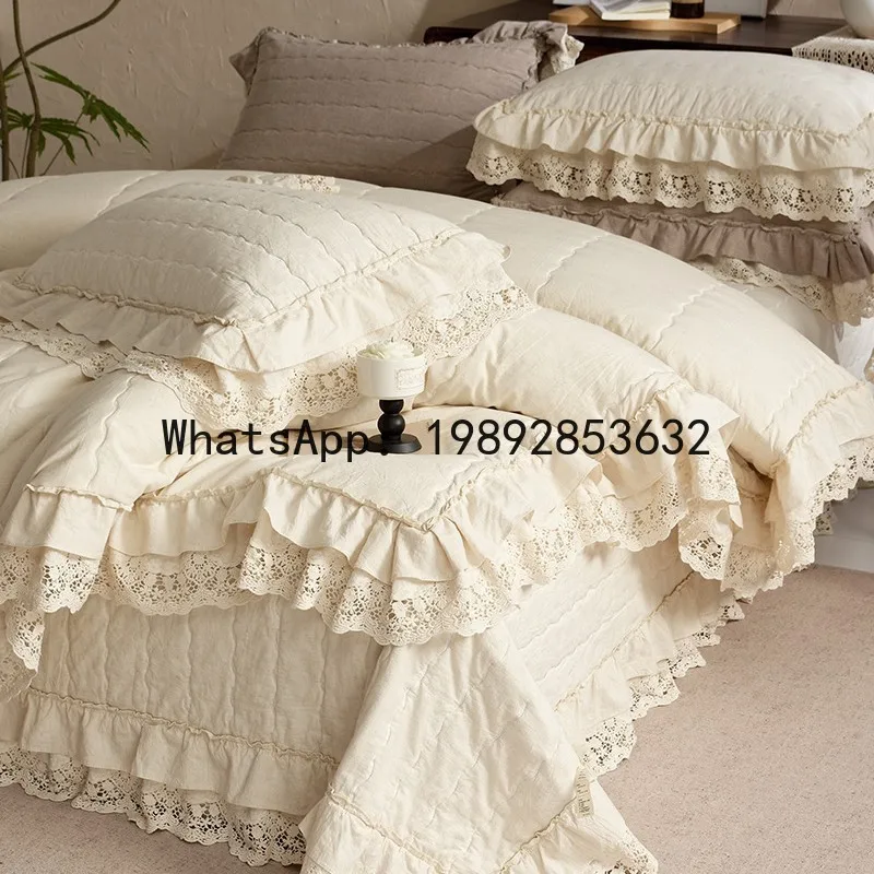 CD cotton and linen bed cover three-piece set, multi-functional cotton and linen summer quilt four-piece set, French lace