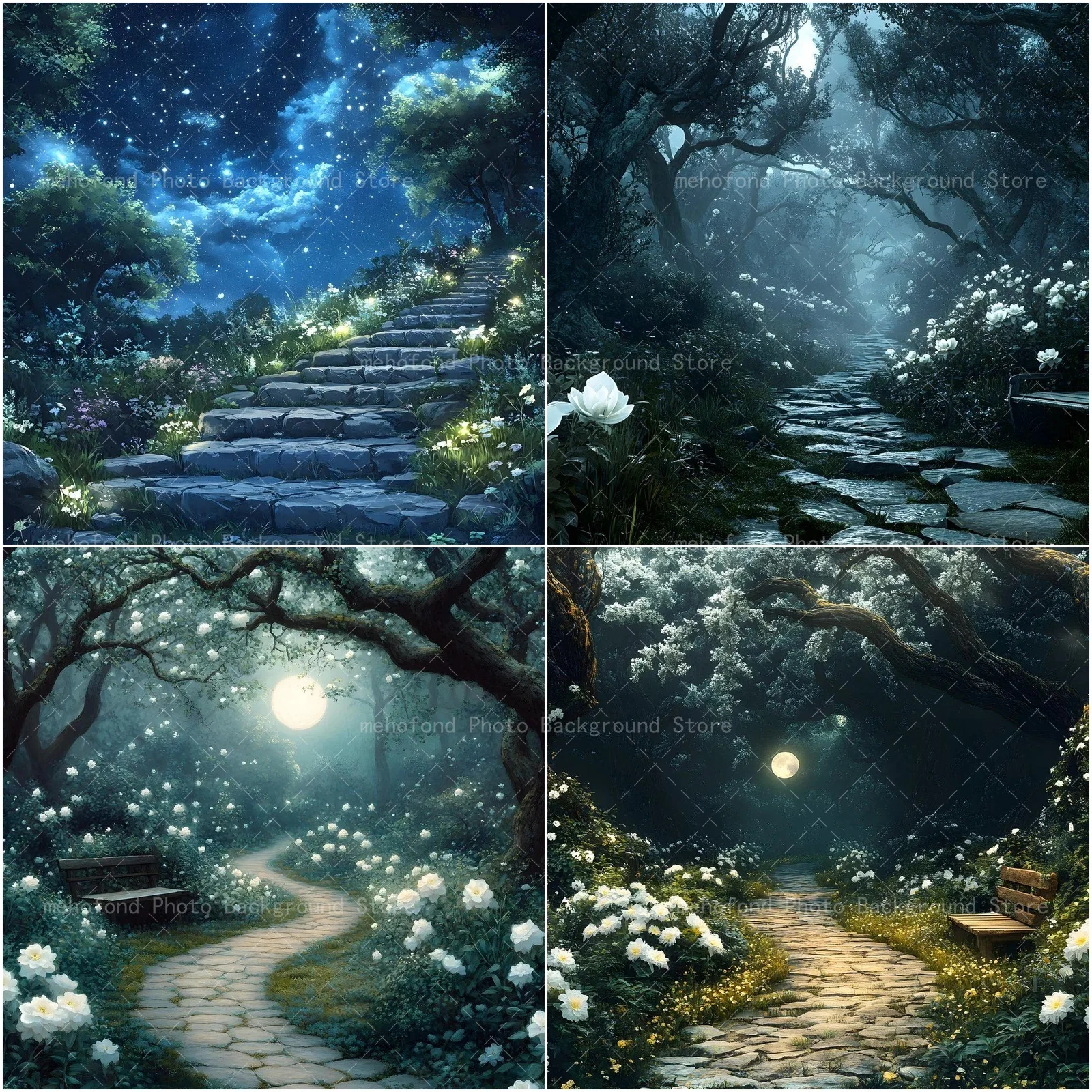 

Фотофон Mehofond «Сказочный лес»: извилистая тропа с лунным светом, цветами и звездами, декоративный фон для фотозоны