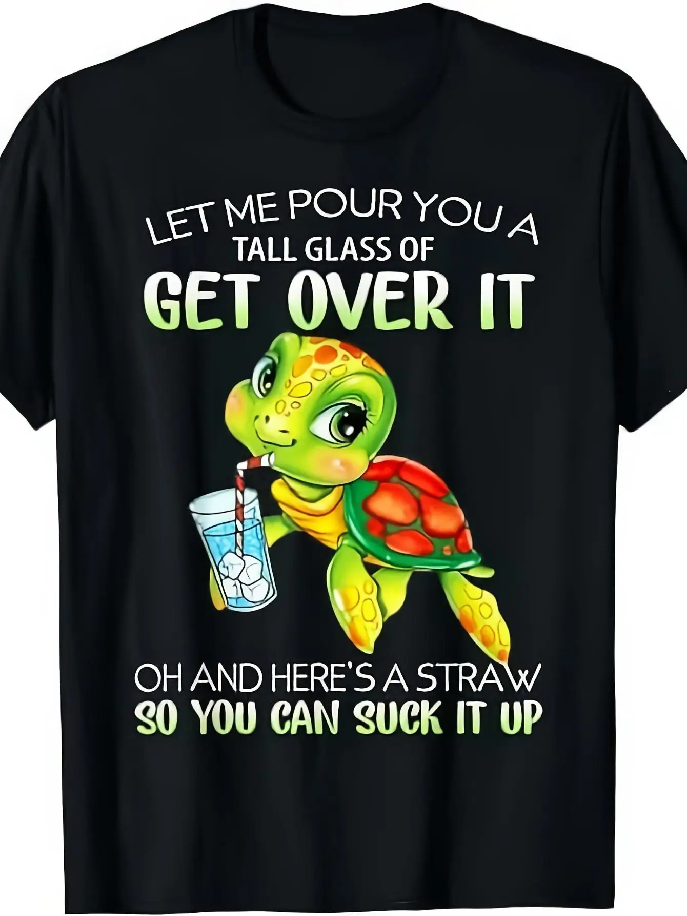 Size Short Sleeve T-Shirt Black Casual Printed Top, Featuring Colorful Cartoon Turtle Patterns, Paired with the Words Let Me Pour You a Drink and Don't Take It Too Seriously,  in a Humorous and Fun Style, Loose Fit