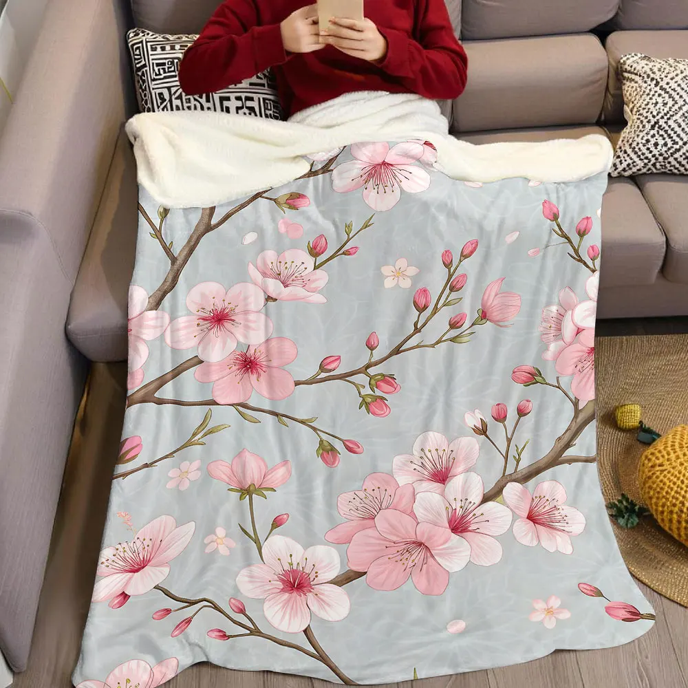 Pink Cherry Blossom Branch Flannel Blanket Warm Soft Halloween Christmas Decorative Couch Warm Cozy All-Season Gift