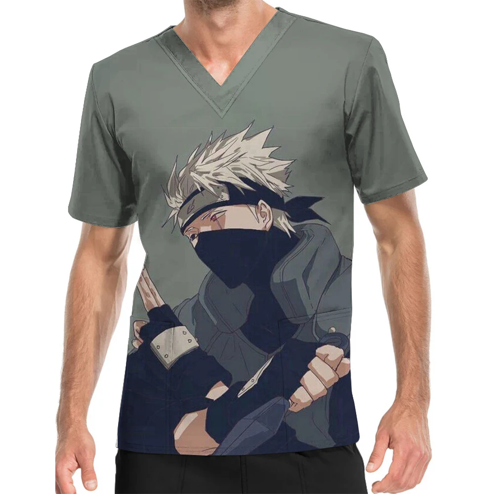 V-Neck Print Scrub Top Work Clothes Naruto Kakashi Printed Pattern Men's Florist Hospital Doctor Nurse Work Clothes