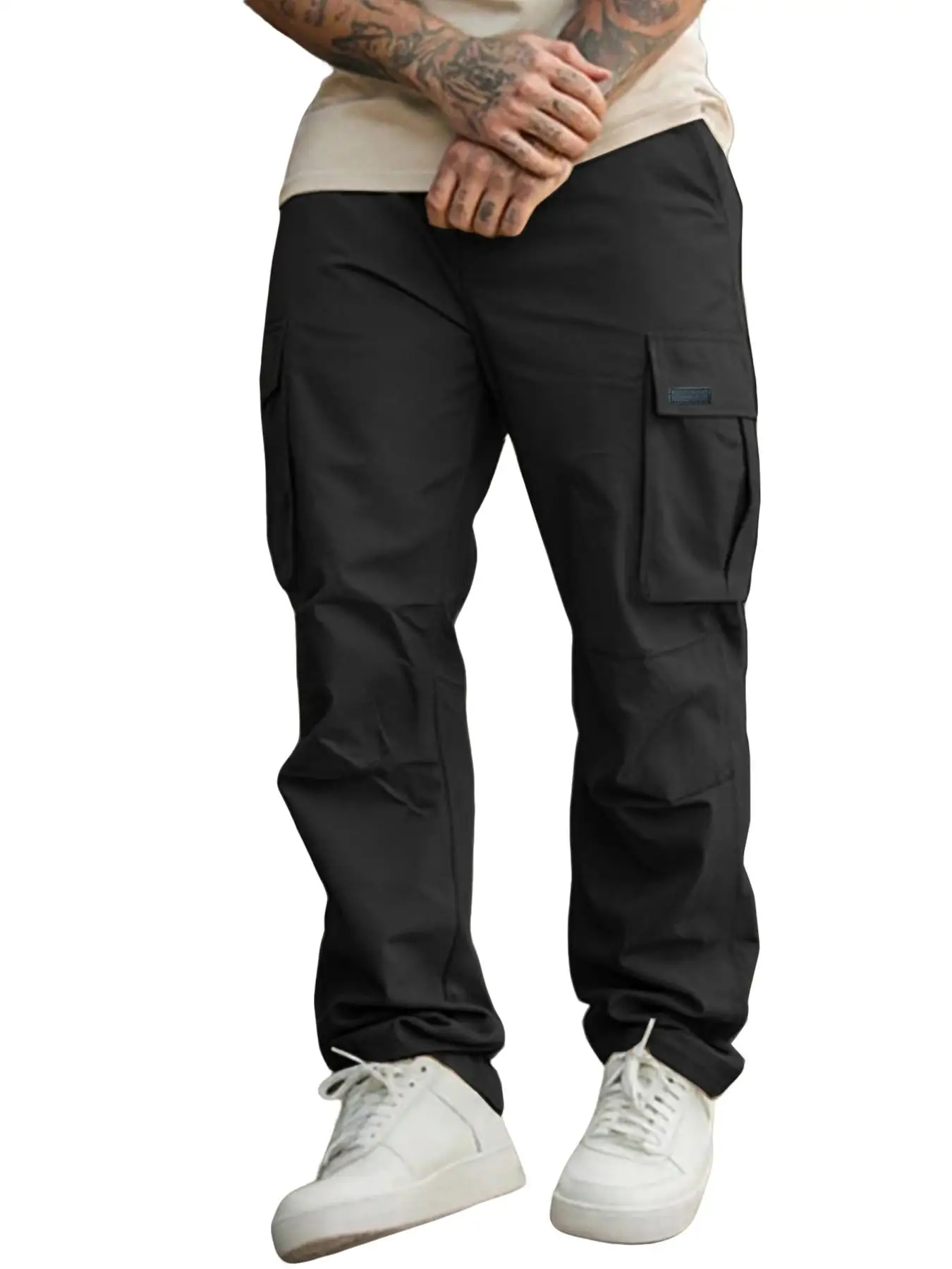 Men's Solid Color Cargo Pants Regular Fit Casual Straight Leg Trousers with Flap Pocket Drawstring Waist for Daily Wear