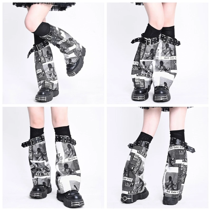 Japanese Punk Eyelet Buckle Strap Leg Warmer Harajuku Aesthetic Streetwear Magazine Pattern Flared Leg Sleeve Drop Shipping