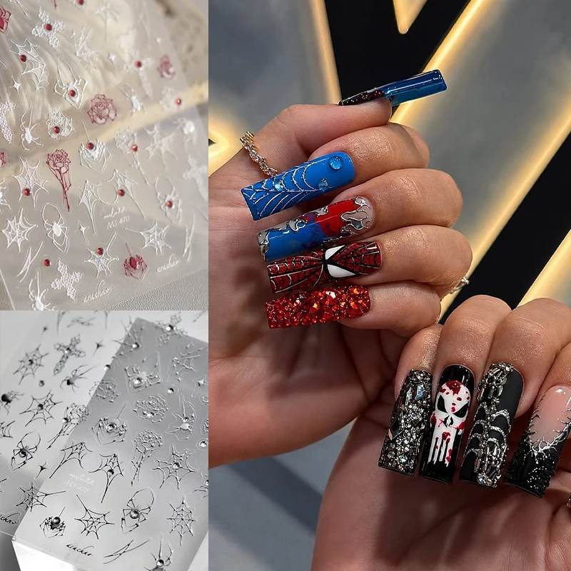 5D Halloween Blood Laser Spider Web Nail Stickers Shiny Rainbow Hologram Glitter Spider Web Nail Decals DIY Halloween Decor