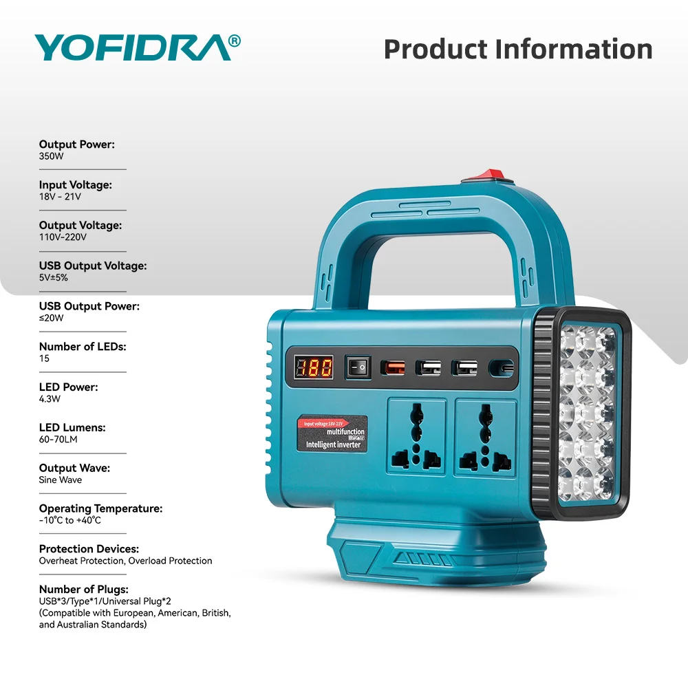 YOFIDRA 220V Portable Power Inverter Outdoor Emergency Power Supply With USB Type-C AC Outlet LED Light For Makita Battery Pin