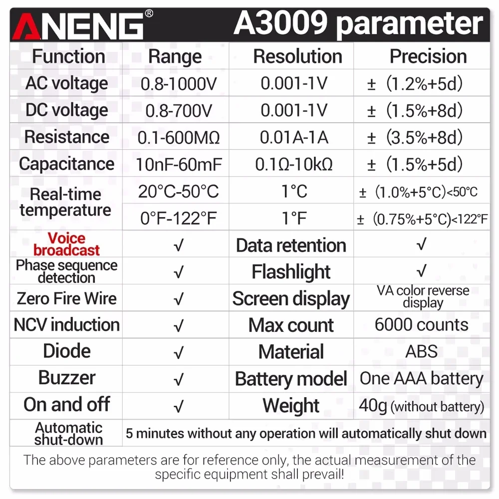 ANENG A3009 Mini Digital Multimeter Pen Smart Voice Broadcast Tester Meter Multimetro DC AC Voltage Professional Test Tools