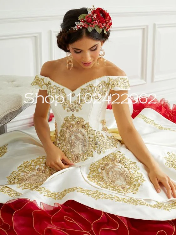 Ivory Sage Off Shoulder Princess Quinceanera Dresses Corset Boning Gold Lace Embroidery Ruffles Tiered Skirt vestido de 15 anos