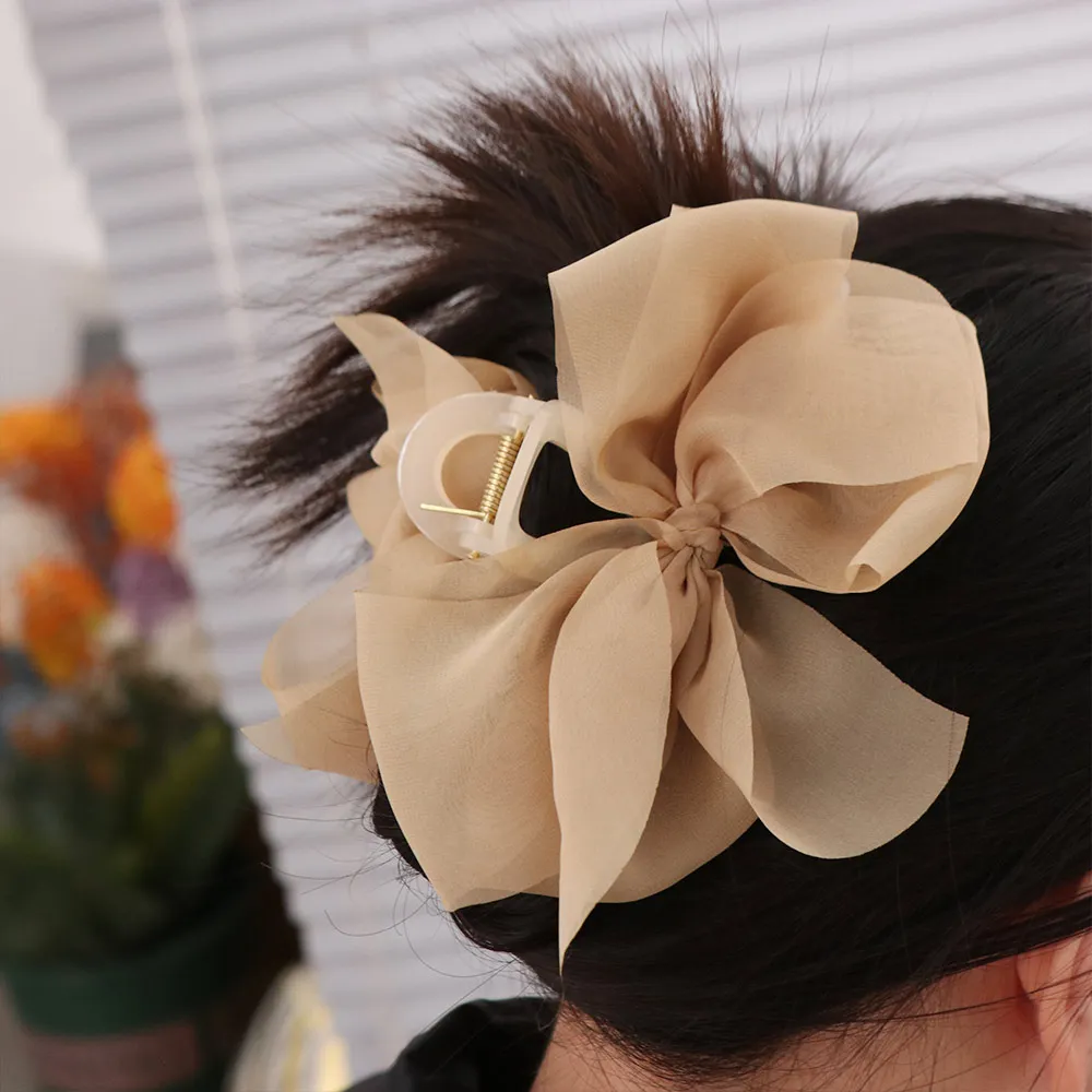

Fashion French Style Chiffon Hair Claw Large Temperament Bow Shark Clip Sweet Elegant Women Hair Grab Lady