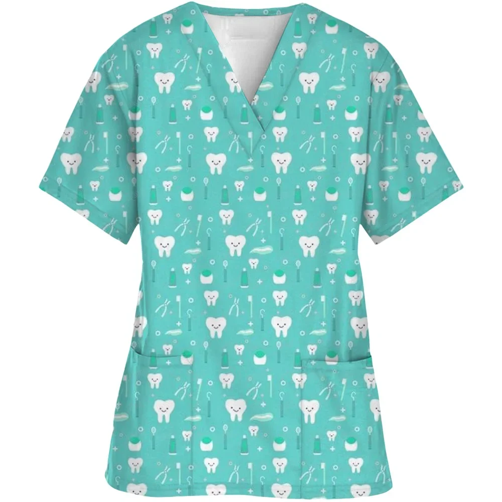 الزي الجراحي امرأة الأسنان ثلاثية الأبعاد طباعة الخامس الرقبة جيب طبيب الأسنان الدعك امرأة الكرتون تي شيرتات قصيرة الاكمام الزي السريري امرأة #5