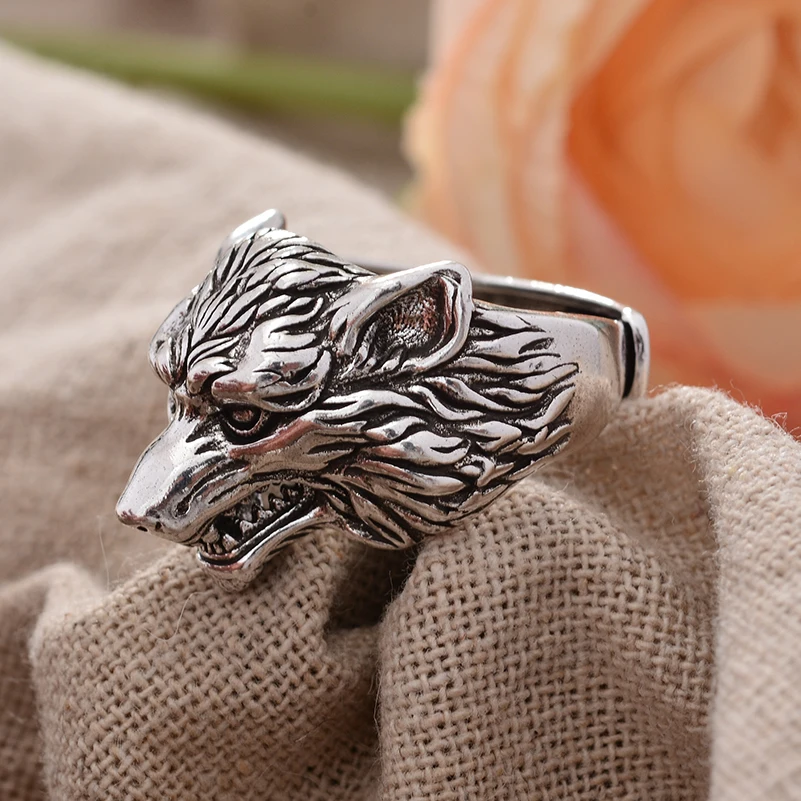 

Original Personality Retro Wolf Animal Thai Silver Men`s Party Rings Hand Jewellery Accessories Halloween Gifts