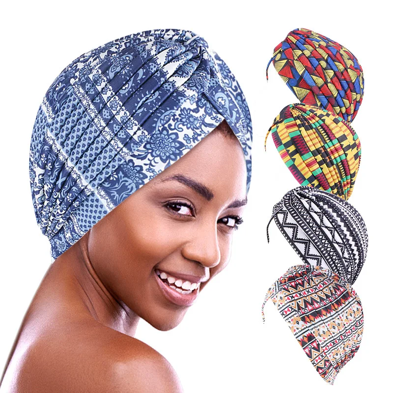 Indian Women Muslim Hijab Ethnic Print Pleated Chemo Cap Bonnet Inner Hat Cancer Hair Loss Beanies Headwrap Turbante Cover Mujer