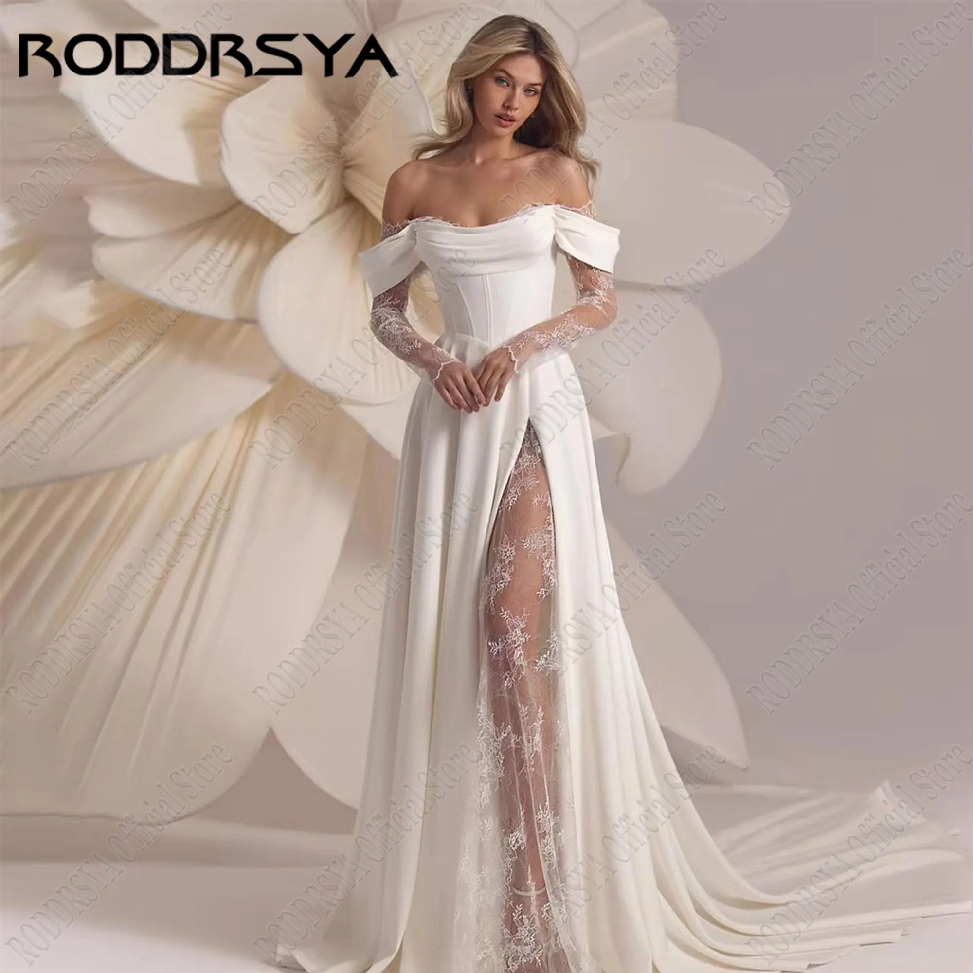 RODDRSYA Vestido De Noiva Renda Mulher Fora Do Ombro A Linha De Cetim Noiva Vestidos Robe De Mariée Elegante Side Split Strapless Sweep TrainRODRSYA Renda Vestido de Noiva Mulher Off Shoulder A Linha Cetim Vestidos de