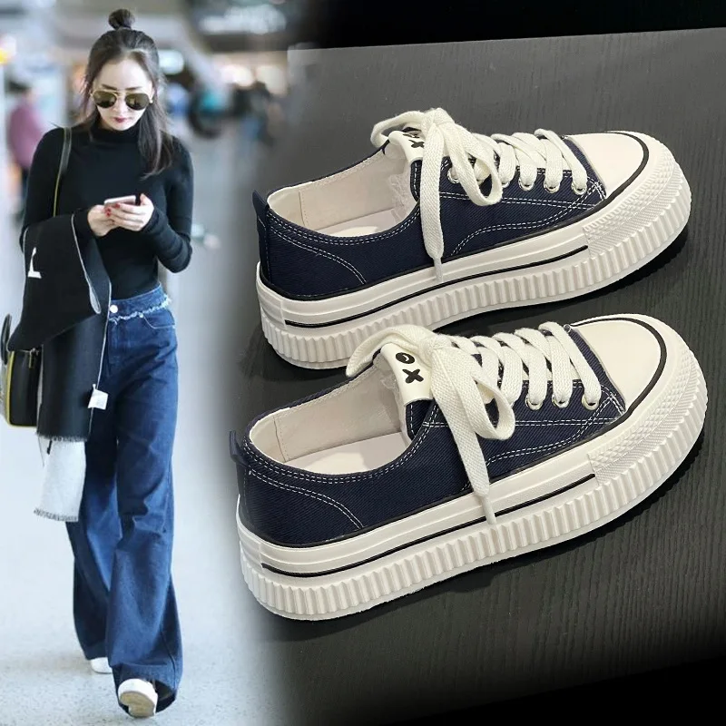 

Thick soled canvas shoes for women in spring new women's versatile sports round toe black casual board shoes