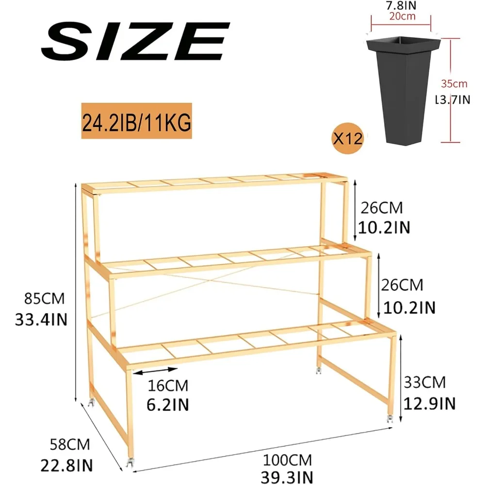 3-Tier Metal Flower Stand with 12 Buckets, Portable Plant Cart with Wheels for Indoor Use