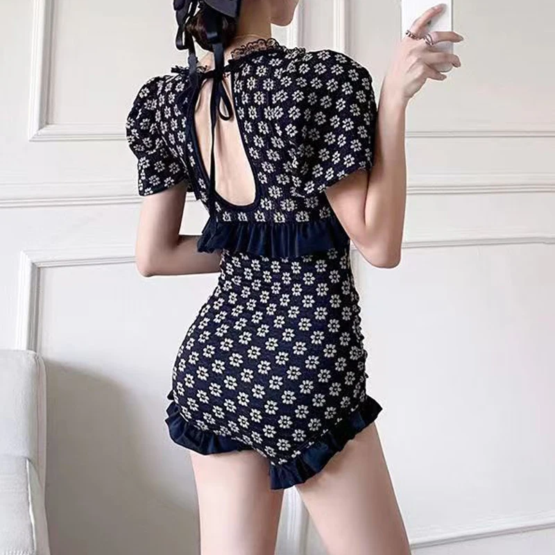 Sexy One Piece Swimsuit Women Summer Ruffled Lace Swimwear Vintage Floral Print Monokini Female Short Sleeve Beach Bathing Suit