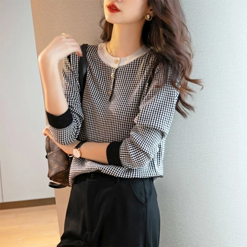 Autumn Winter New Vintage Houndstooth Print Simple Sweater Lady Elegant Fashion Korean Style Pullover All-match Casual Top Women