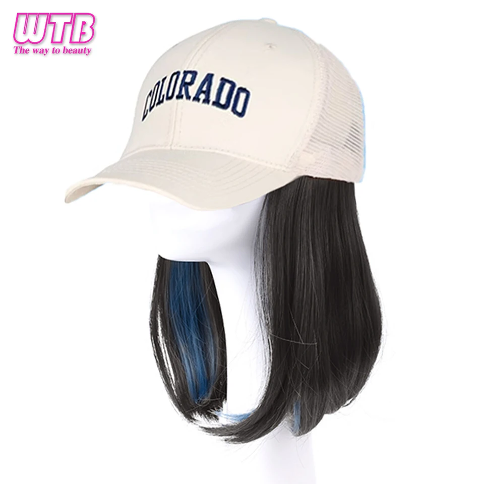 12inch Synthetic Hat Wig for Women Baseball Cap Wig with Straight Hair Extensions Wig Synthetic Wig Hat Adjustable Black Brown